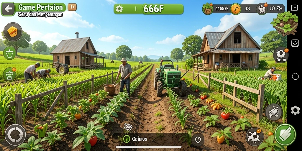 Tampilan screenshot game 666F yang menunjukkan aktivitas bertani.