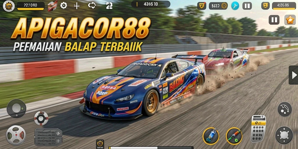 Gameplay balap seru di APIGACOR88 dengan berbagai mobil dan trek.