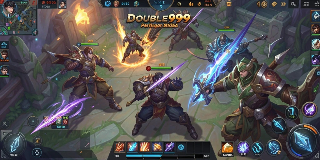 Screenshot utama DOUBLE999 menampilkan aksi pertarungan MOBA yang mendebarkan.