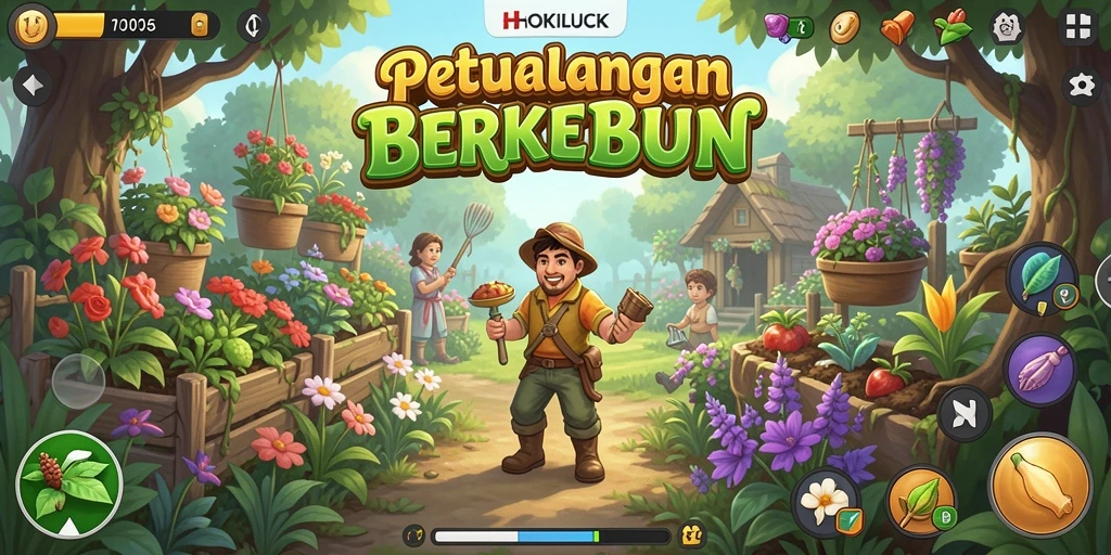 Screenshot gameplay HOKILUCK menampilkan kebun yang rimbun dan aktivitas pertanian.