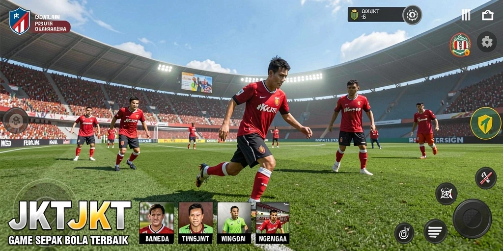 Screenshot dari gameplay intens <strong>JKTJKT</strong> menunjukkan aksi sepak bola yang mendebarkan.