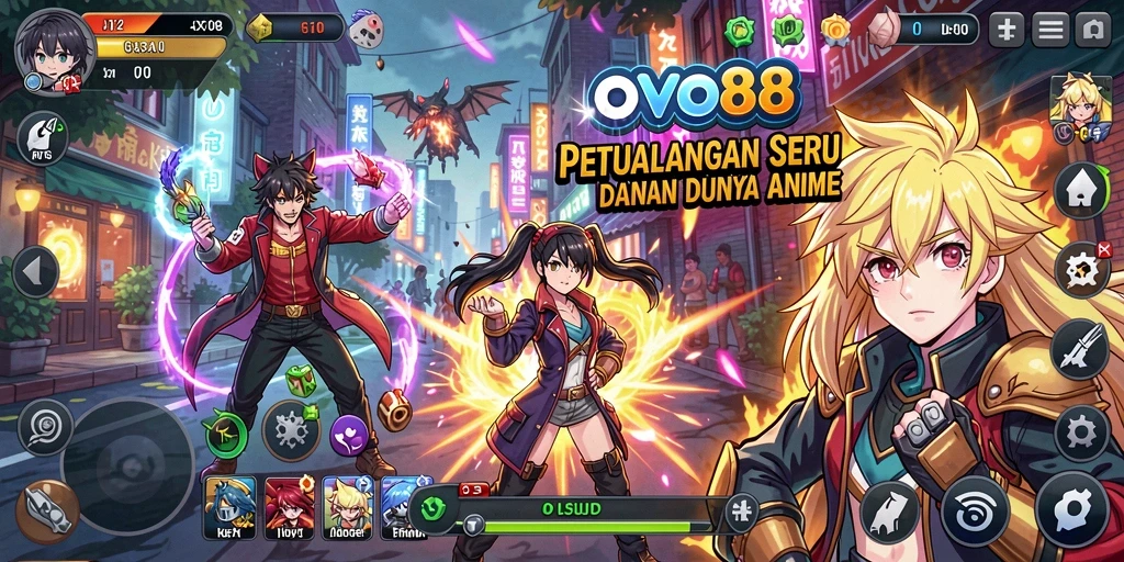 Tampilan gameplay OVO88 dengan karakter anime yang aksi.
