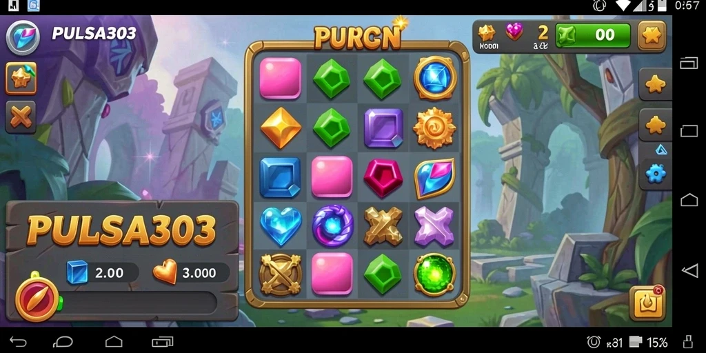Tangkapan layar gameplay PULSA303 dengan elemen Match-3 yang cerah dan menarik.