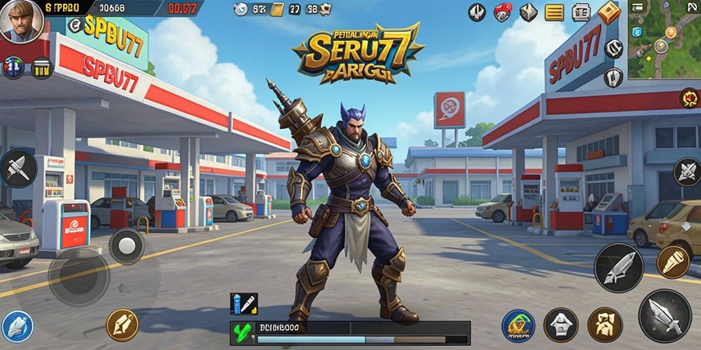 Screenshot gameplay SPBU77 yang menampilkan pertarungan seru di dunia fantasi.