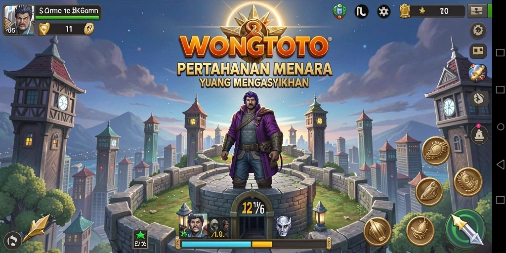 Screenshot gameplay WONGTOTO menampilkan aksi menara melawan gelombang musuh.