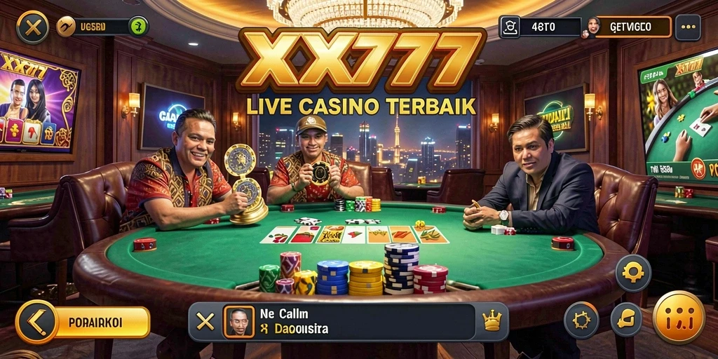 Screenshot gameplay Live Casino XXX777 dengan dealer langsung dan interaksi pemain.
